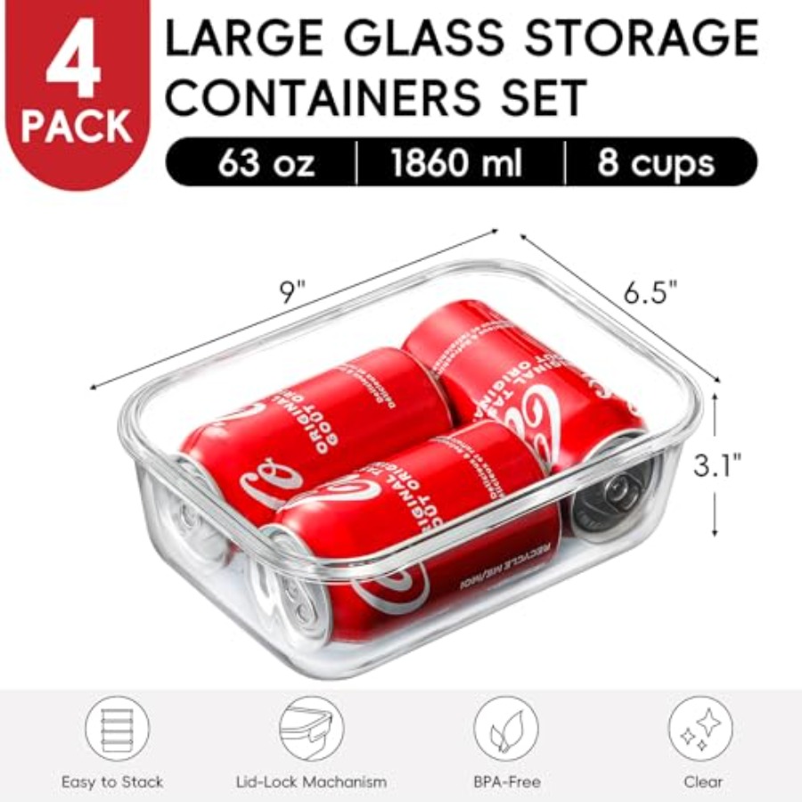 4 Pack 8 Cups/ 63oz Large Glas - огляд і ціна Food Storage With Glass Lids